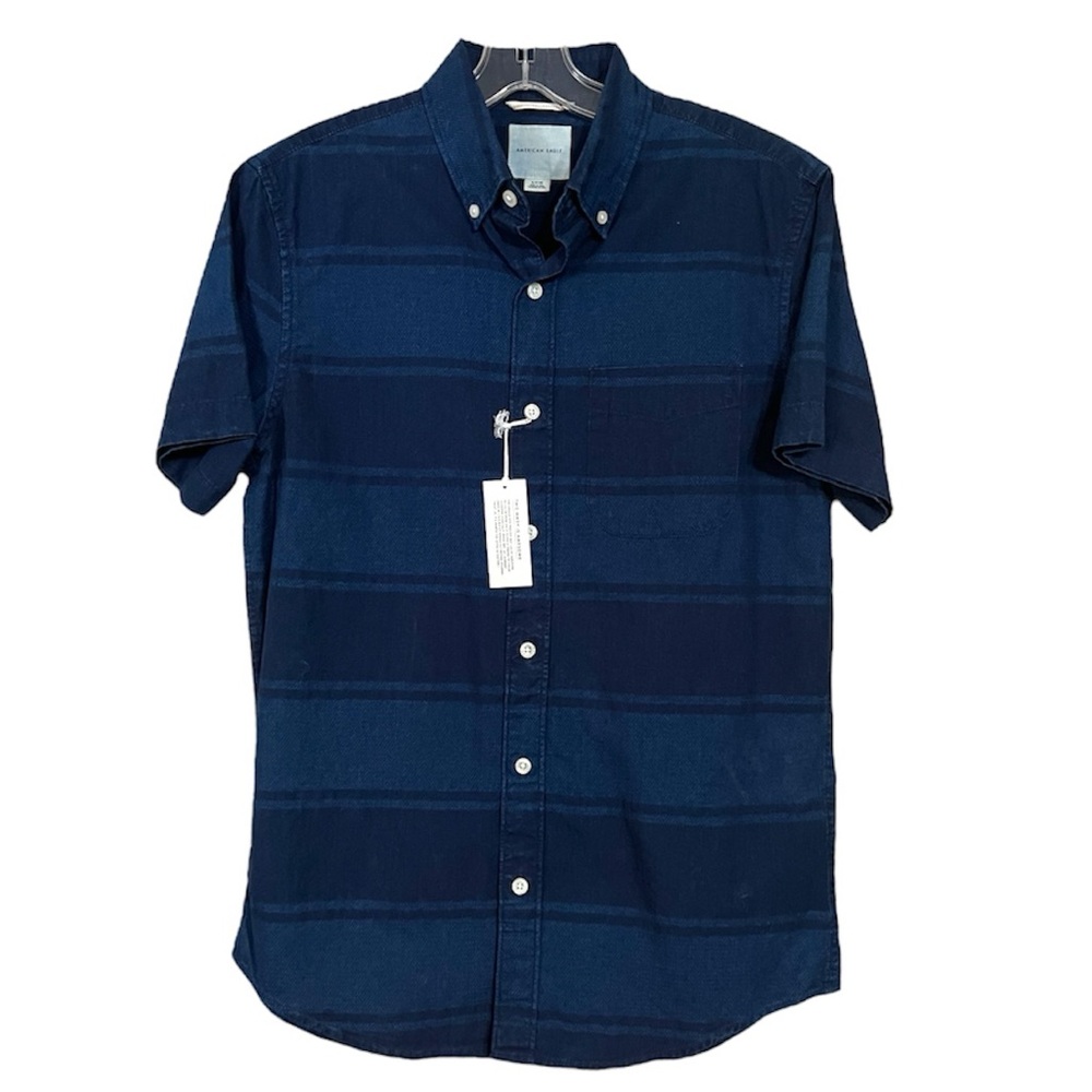 American Eagle Blue Plaid Cotton Button Down Short Sleeve Shirt Sz S NWT